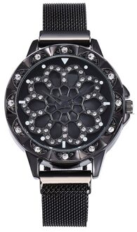 Lucky Vrouwen Horloges Rose Goud Roterende Bloem Horloges Relogio Feminino Diamond Magnetische Quartz Klok zwart
