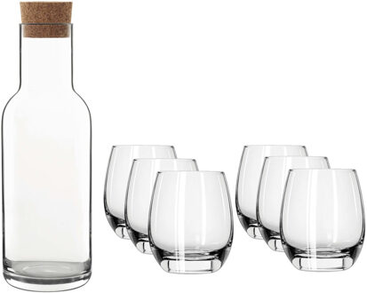 Luigi Bormioli Glazen karaf/schenkkan met kurken dop van 1 liter met 6x stuks drinkglazen/waterglazen 330 ml - Karaffen Transparant