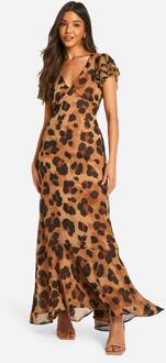 Luipaard Crinkle Chiffon Engelenmouw Maxi Jurk, Brown - 36