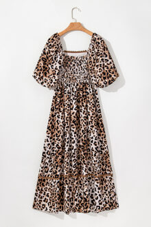 Luipaardprint Puff Sleeve Midi Jurk Bruin