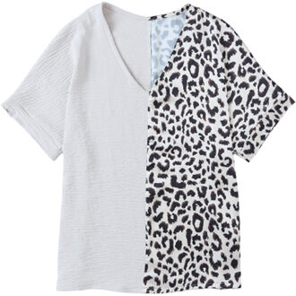 Luipaardprint V-hals Top Casual Korte Mouwen T-shirt Ivoor