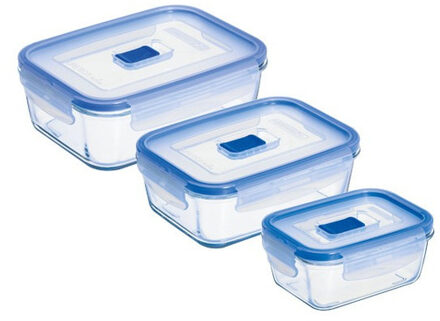 LUMINARC 3x Glazen voorraad/vershoud bakjes rechthoekig transparant/blauw - Voedsel bewaar bakjes - Mealprep – Lunchbox