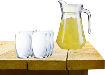 LUMINARC karaf schenkkan van glas 1600 ml met 6x stuks Versailles serie water/drink glazen 375 ML - Drinkglazen Transparant