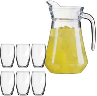 LUMINARC schenkkan/waterkan van glas 1.6 liter met 6x waterglazen van 360 ml - Schenkkannen Transparant