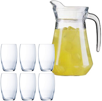 LUMINARC schenkkan/waterkan van glas 1.6 liter met 6x waterglazen van 375 ml - Schenkkannen Transparant