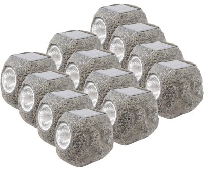 Lumineo 12x Buiten/tuin LED stenen spots solar verlichting 10 cm - Tuinverlichting - Tuinlampen - Steen solarlampen op zonne-energie