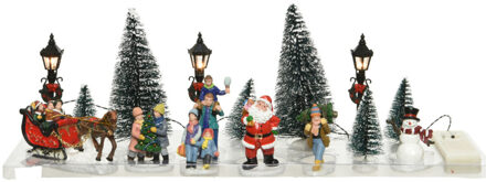 Lumineo 16x stuks Led kerstdorp accessoires figuurtjes/poppetjes en kerstboompje 15cm - Kerstdorpen Multikleur