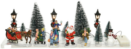 Lumineo 16x stuks Led kerstdorp accessoires figuurtjes/poppetjes en kerstboompje 15cm Multi