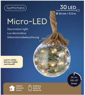 Lumineo 1x stuks verlichte glazen kerstballen aan touw met 30 lampjes zilver/warm wit 14 cm