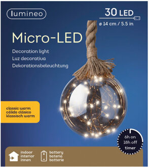 Lumineo 1x stuks verlichte glazen kerstballen aan touw met 30 lampjes zilver/warm wit 15 cm - kerstverlichting figuur Zilverkleurig