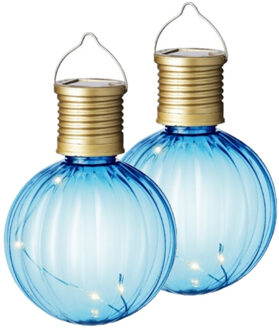 Lumineo 2x Buiten Led blauwe lampion solar verlichting 11 cm