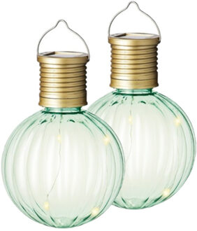 Lumineo 2x Buiten Led groene lampion solar verlichting 11 cm