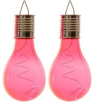 Lumineo 2x Buiten LED lampbolletjes solar verlichting - fuchsia roze - 14 cm