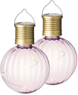 Lumineo 2x Buiten Led lichtroze lampion solar verlichting 11 cm