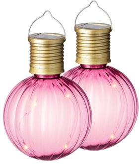 Lumineo 2x Buiten Led roze lampion solar verlichting 11 cm