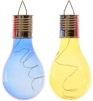 Lumineo 2x Buiten/tuin LED blauw/geel peertjes solar verlichting 14 cm