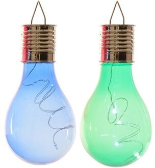 Lumineo 2x Buiten/tuin LED blauw/groen peertjes solar verlichting 14 cm