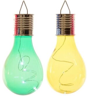 Lumineo 2x Buiten/tuin LED groen/geel peertjes solar verlichting 14 cm