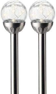 Lumineo 2x Buitenlamp/tuinlamp Navi craquele bol 30 cm RVS op steker - Prikspotjes Zilverkleurig