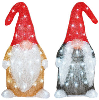 Lumineo 2x stuks kerstverlichting led figuren voor buiten gnome/dwerg 44 cm met 60 lampjes helder wit - kerstverlichting figuur Multikleur