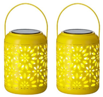 Lumineo 2x stuks solar lantaarn ijzer geel 17 cm