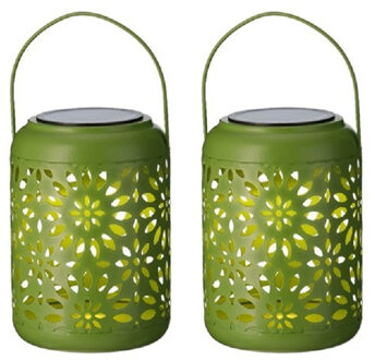 Lumineo 2x stuks solar lantaarn ijzer groen 17 cm