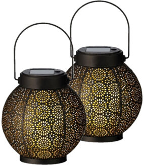 Lumineo 2x stuks solar lantaarn met cirkel patroon metaal zwart 16 cm