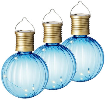 Lumineo 3x Buiten Led blauwe lampion solar verlichting 11 cm
