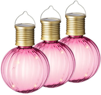 Lumineo 3x Buiten Led roze lampion solar verlichting 11 cm