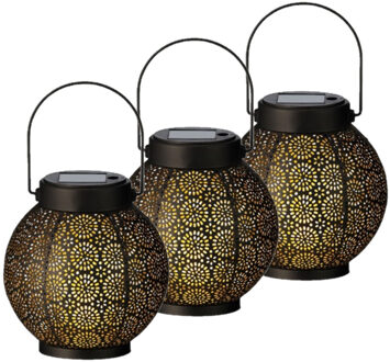 Lumineo 3x stuks solar lantaarn met cirkel patroon metaal zwart 16 cm