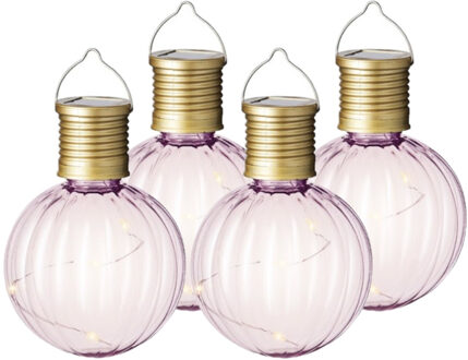 Lumineo 4x Buiten Led lichtroze lampion solar verlichting 11 cm