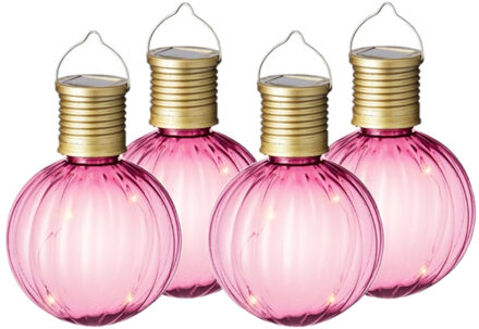 Lumineo 4x Buiten Led roze lampion solar verlichting 11 cm