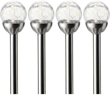 Lumineo 4x Buitenlamp/tuinlamp Navi craquele bol 30 cm RVS op steker - Prikspotjes Zilverkleurig