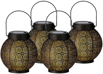 Lumineo 4x stuks solar lantaarn met cirkel patroon metaal zwart 16 cm