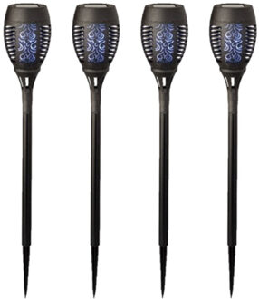 Lumineo 4x stuks solar tuinfakkel zwart met gekleurd vlameffect 49 cm
