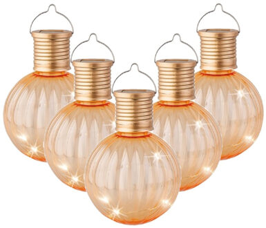 Lumineo 5x Buiten Led oranje lampion solar verlichting 11 cm - Lampionnen