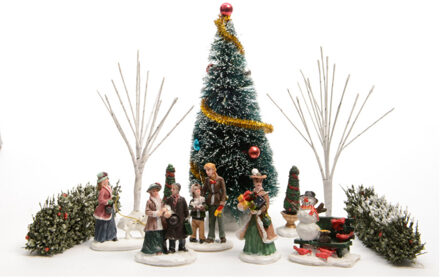 Lumineo 8x stuks kerstdorp accessoires figuurtjes/poppetjes en kerstboompje Multi
