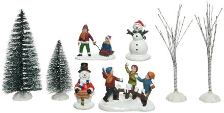 Lumineo 8x stuks kerstdorp accessoires figuurtjes/poppetjes en kerstboompje Multi