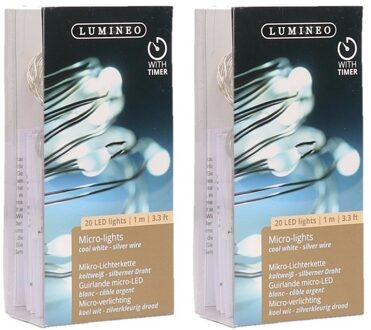 Lumineo draadverlichting - 2x - 20 led lampjes - helder wit - 95 cm - lichtdraad - zilver