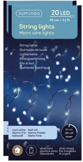 Lumineo draadverlichting - 2x - 20 led lampjes - helder wit - 95 cm - lichtdraad - zilver
