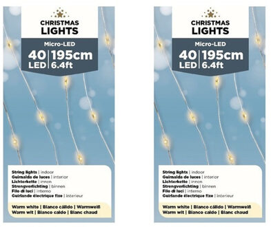 Lumineo Draadverlichting - 2x - 40 LEDs - warm wit - 195 cm - kerstverlichting batterijen