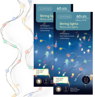 Lumineo draadverlichting - 2x - 60 led lampjes - gekleurd - 295 cm - lichtsnoer