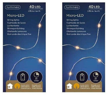 Lumineo draadverlichting - 2x - zilver - 40 led lampjes - warm wit - 195 cm - timer - kerstverlichti