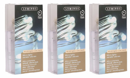 Lumineo draadverlichting - 3x - timer - zilverdraad - 40 lampjes - wit licht - 195 cm