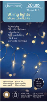 Lumineo Draadverlichting - zilver - 20 led lampjes - warm wit - 95 cm - timer - lichtsnoer - zilverdraad