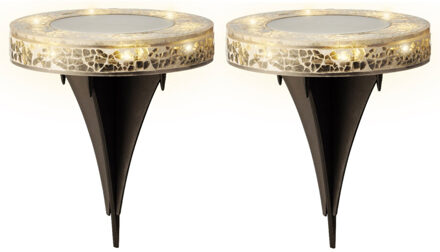 Lumineo Grondspot solar tuinverlichting - 2x - mozaiek - grijs - D12 x H13 cm - prikspot