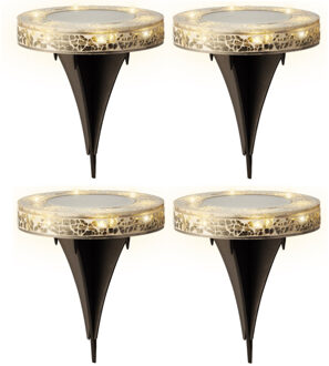 Lumineo Grondspot solar tuinverlichting - 4x - mozaiek - grijs - D12 x H13 cm - prikspot