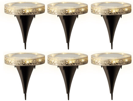 Lumineo Grondspot solar tuinverlichting - 6x - mozaiek - grijs - D12 x H13 cm - prikspot