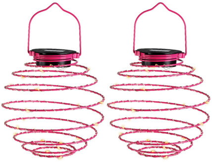 Lumineo Hanglamp - 2x - solar verlichting - fuchsia roze - D16 cm - metaal - tuinverlichting