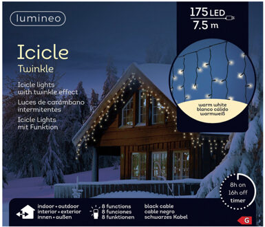 Lumineo Ijspegelverlichting - 175 led lampjes - warm wit - 750 cm- zwart snoer - 8 functies -lichtsnoer